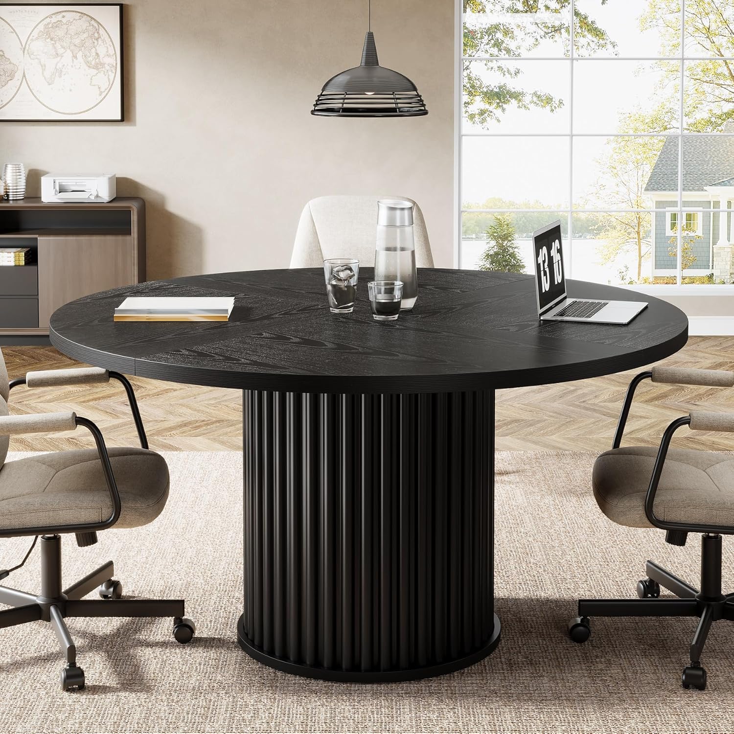 47" Round Conference Table for 4–6 People, Black Meeting Table with Sturdy Metal Base