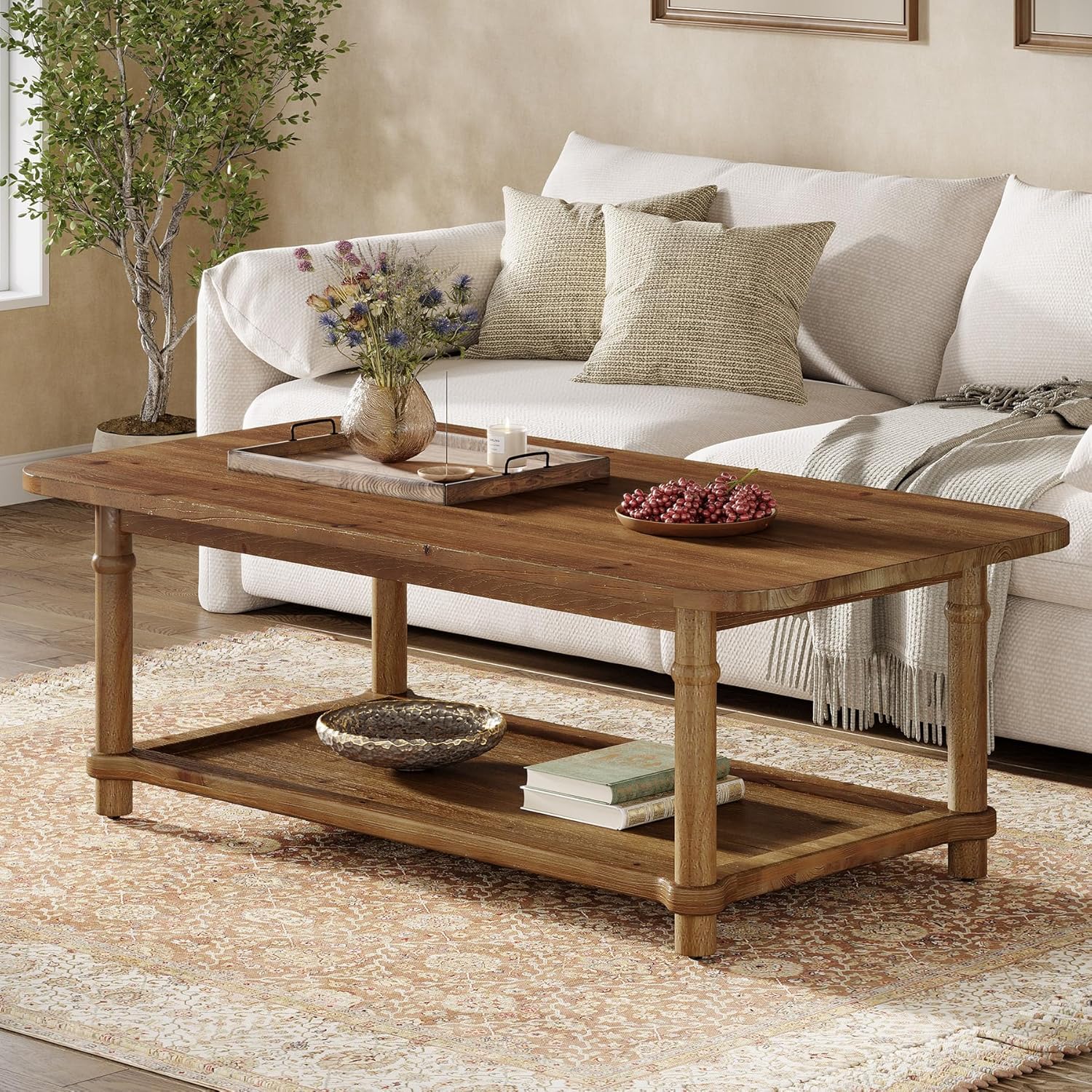 47-Inch Rectangle Coffee Table, Solid Wood 2-Tier Storage Table for Living Room