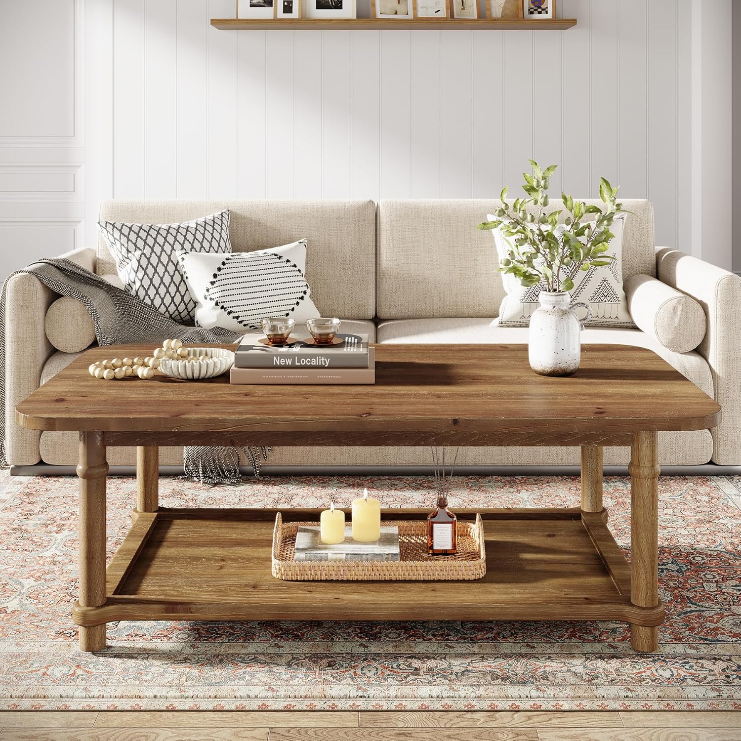47-Inch Rectangle Coffee Table, Solid Wood 2-Tier Storage Table for Living Room