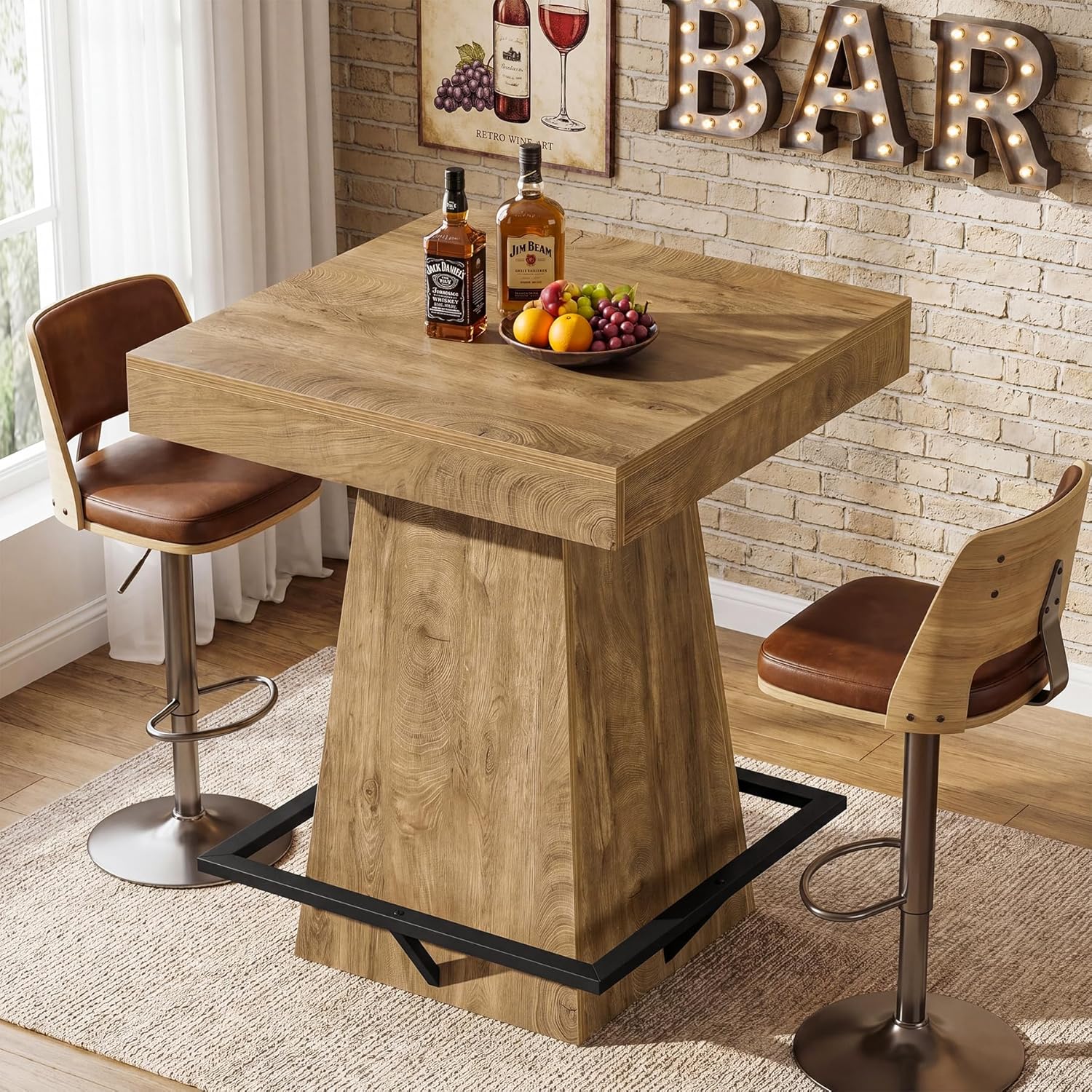 31.5-Inch Square Bar Table with 37.4-Inch Height and Metal Footrest for Dining Room and Bistro