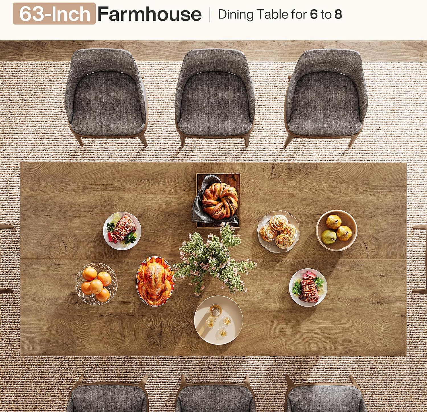 Tribesigns 63-Inch Farmhouse Dining Table for 4-6 People, Rectangular Kitchen Table with Heavy Duty Legs for Dining Room