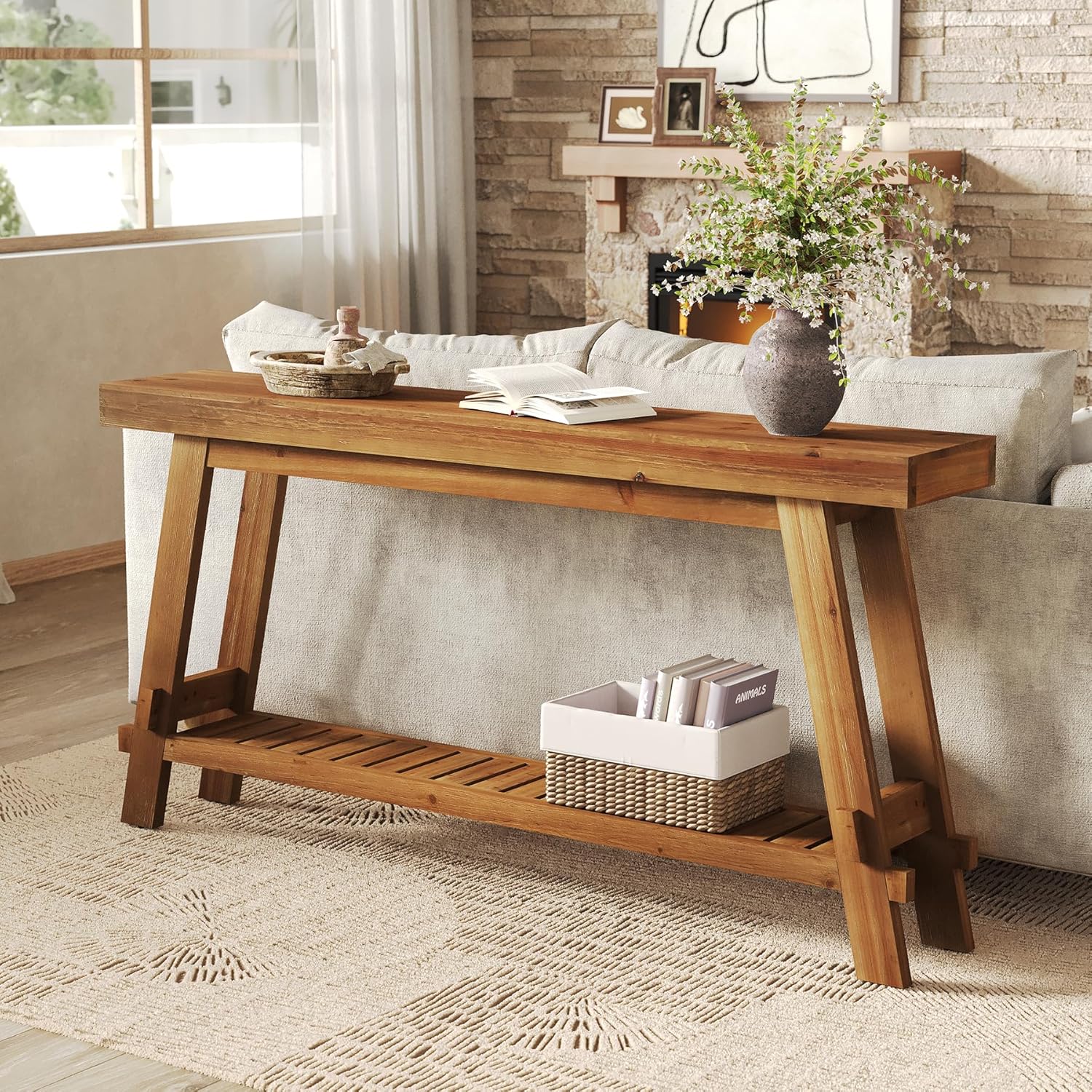 Solid Wood Console Table with Storage, Farmhouse 2-Tier Narrow Sofa Table for Living Room
