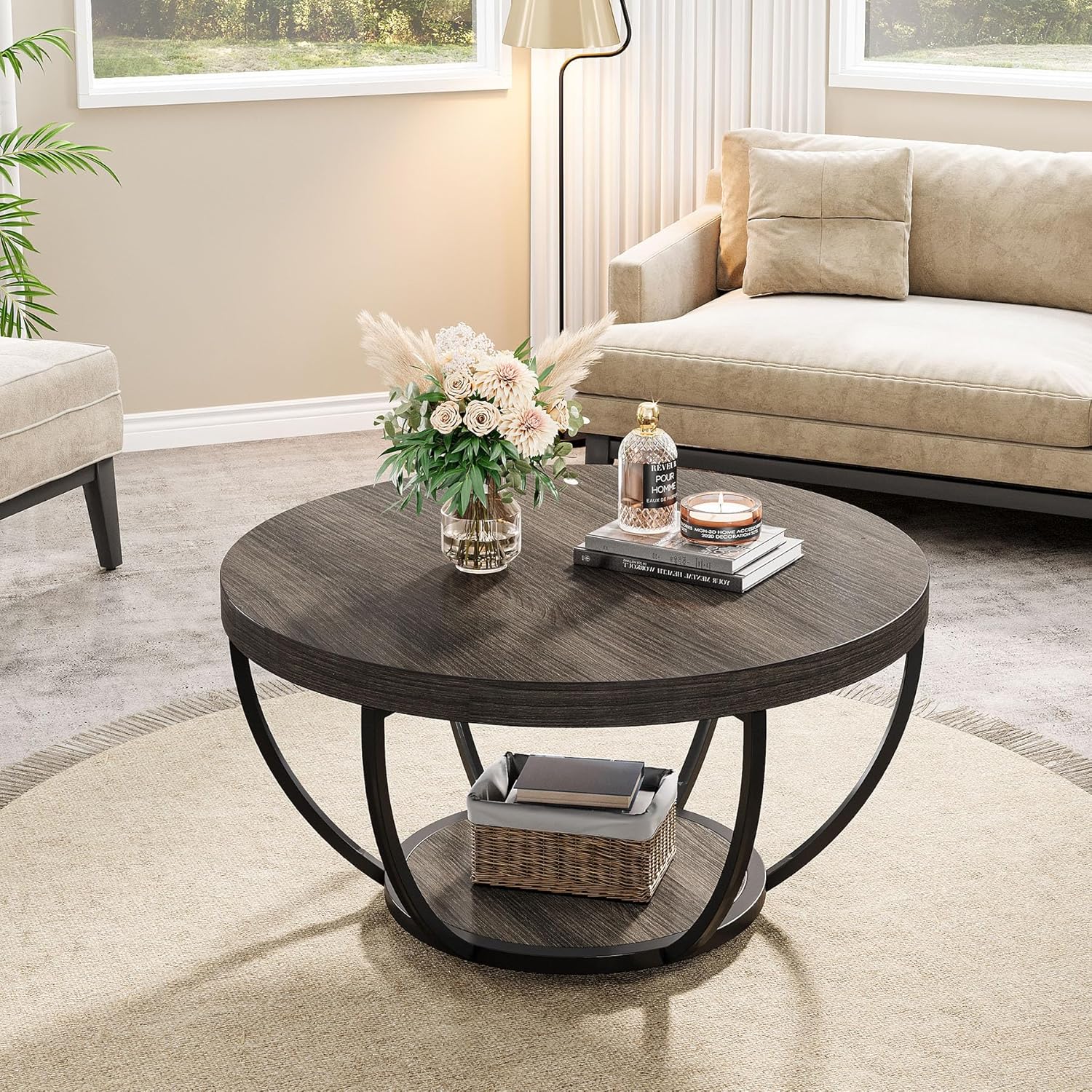 Round Wooden Coffee Table with 2-Tier Shelves