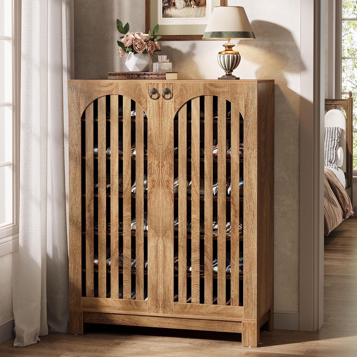 35" Oak 6-Tier Shoe Cabinet, Wooden Shoe Rack with Airy Doors & Adjustable Shelves