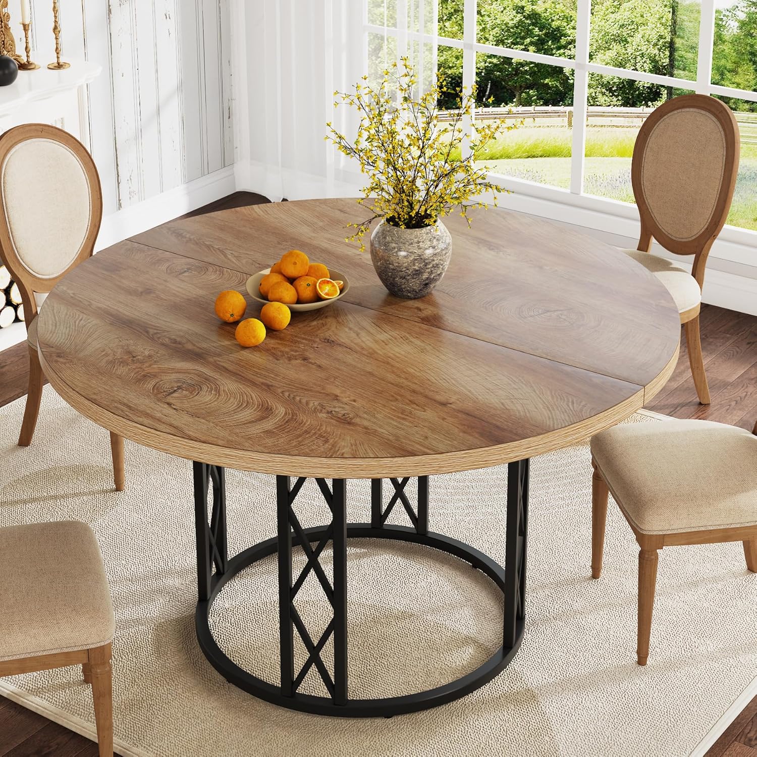 47" Round Dining Table - Rustic Wood Top & Metal Base for 4 People