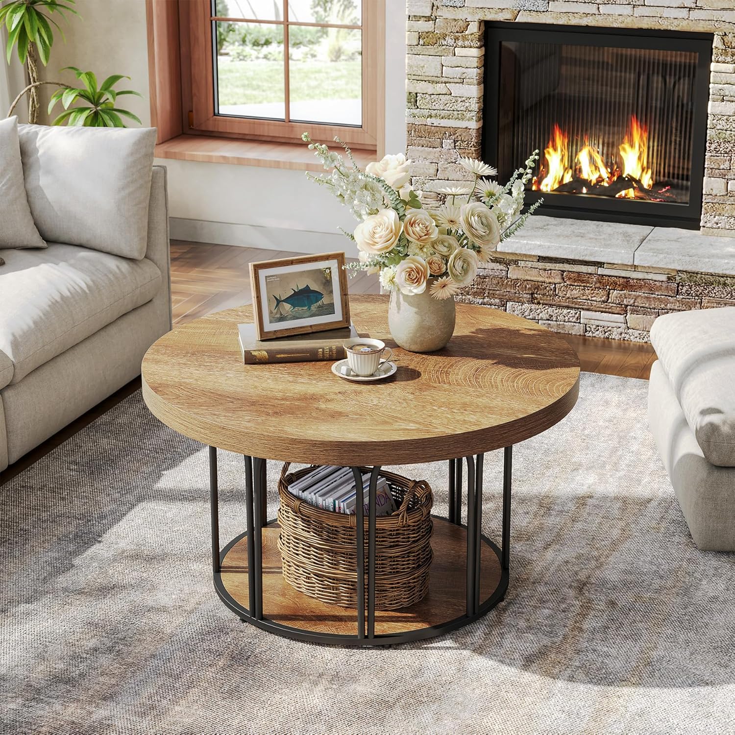 31.5-Inch Round Coffee Table with 2 Tiers and Storage, Farmhouse Wooden Center Table