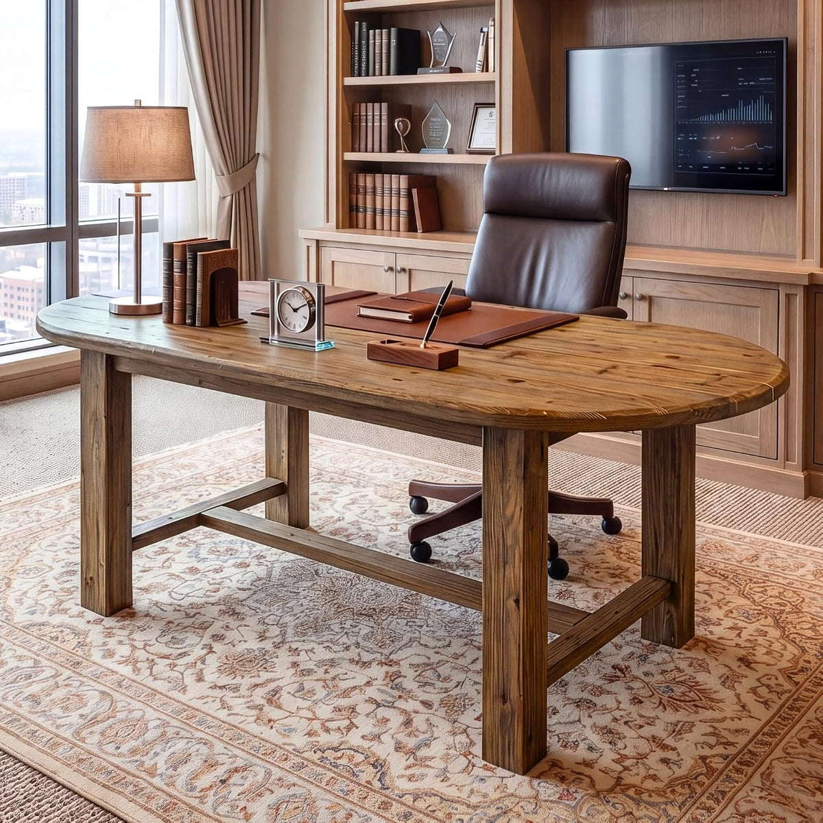 Tribesigns 63 Inch Solid Fir Wood Executive Desk with Crossbar, Oval Workstation for Home Office