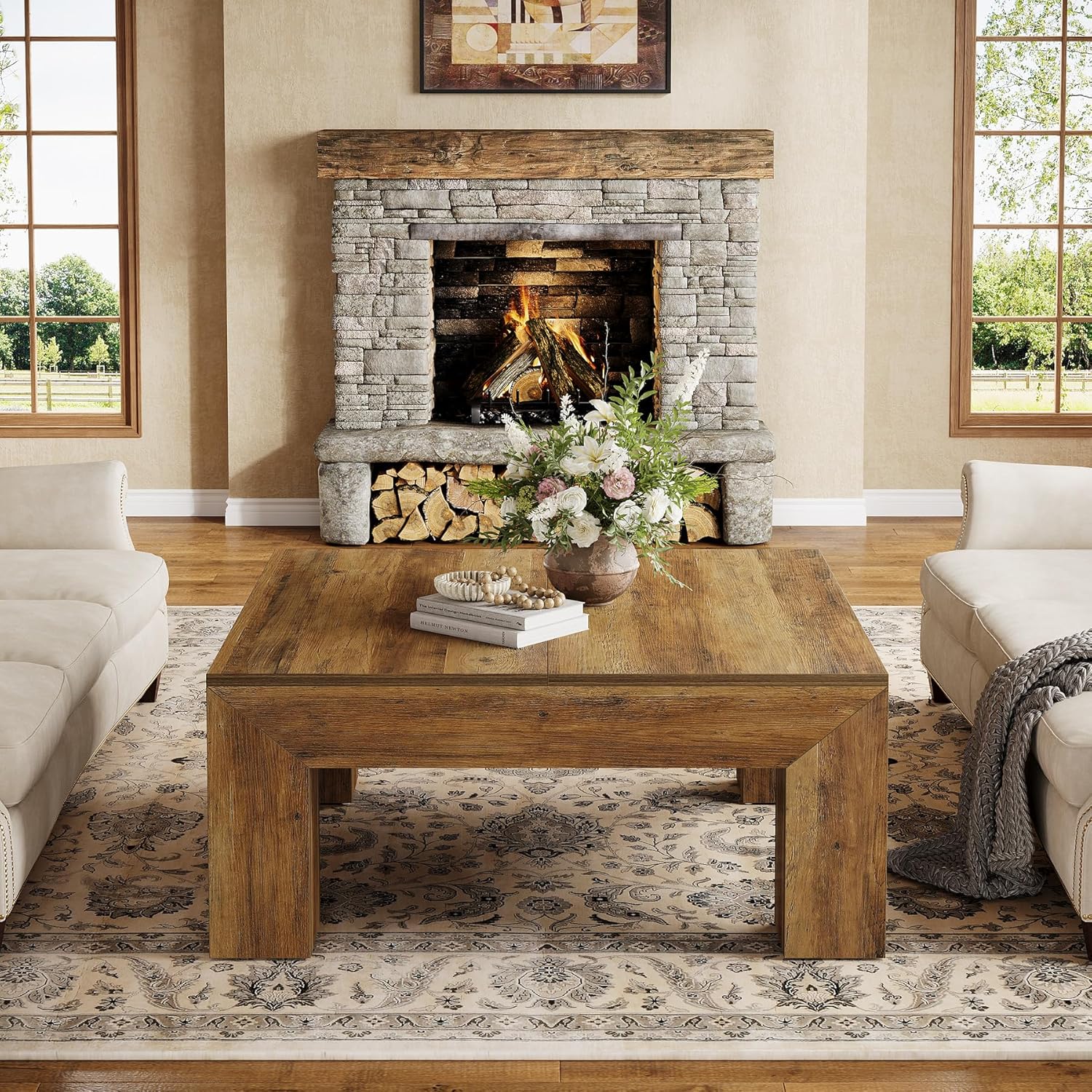 39" Square Rustic Farmhouse Coffee Table | MDF Top with Sturdy Wood Legs, Easy Assembly Cocktail Table in Brown