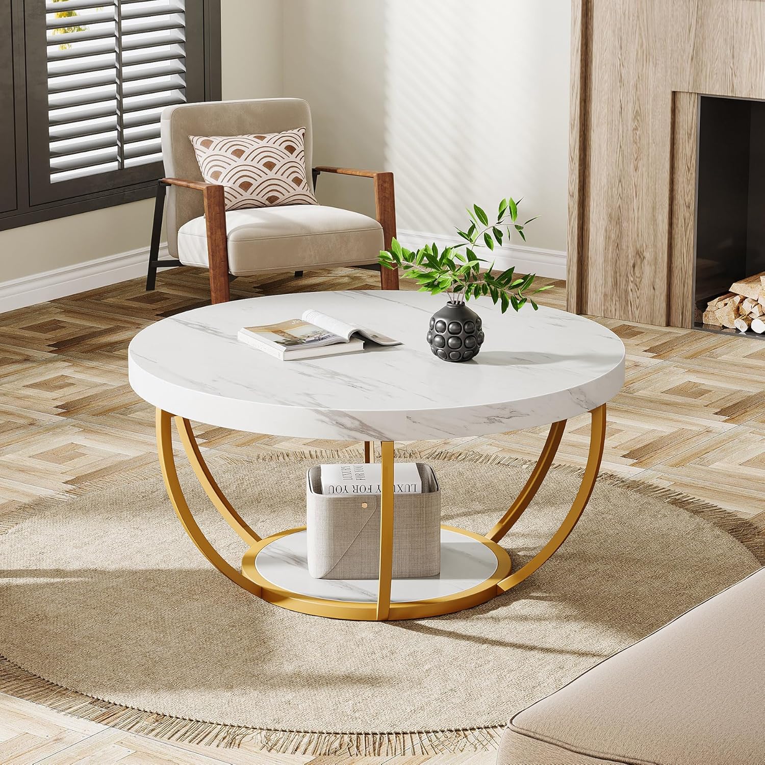 Round Wooden Coffee Table with 2-Tier Shelves