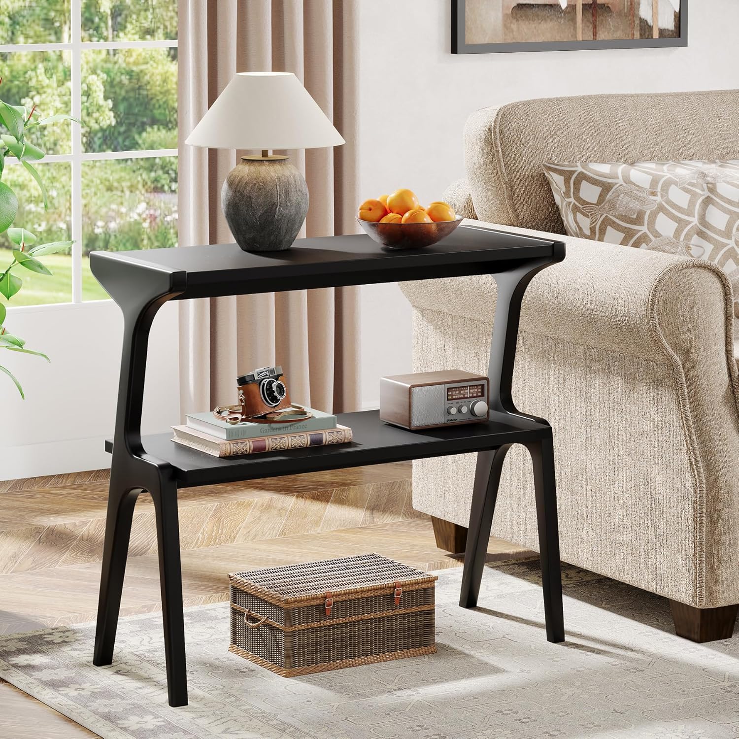 2-Tier End Table, Slim Sofa Side Table with Storage Shelf