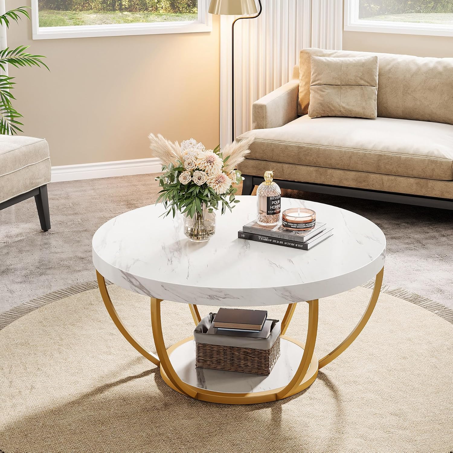 Round Wooden Coffee Table with 2-Tier Shelves