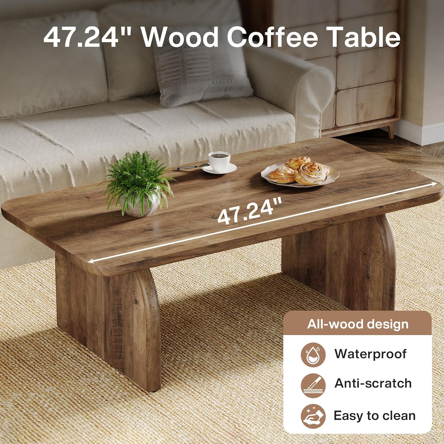 47 Inch Wood Rectangular Coffee Table, Living Room Table