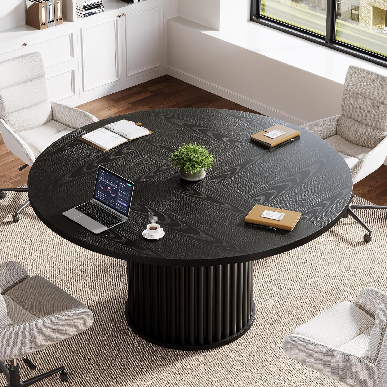 47" Round Conference Table for 4–6 People, Black Meeting Table with Sturdy Metal Base