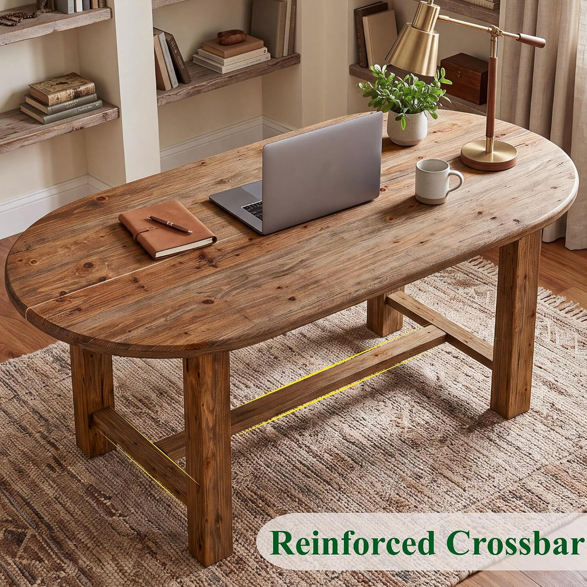 Tribesigns 63 Inch Solid Fir Wood Executive Desk with Crossbar, Oval Workstation for Home Office