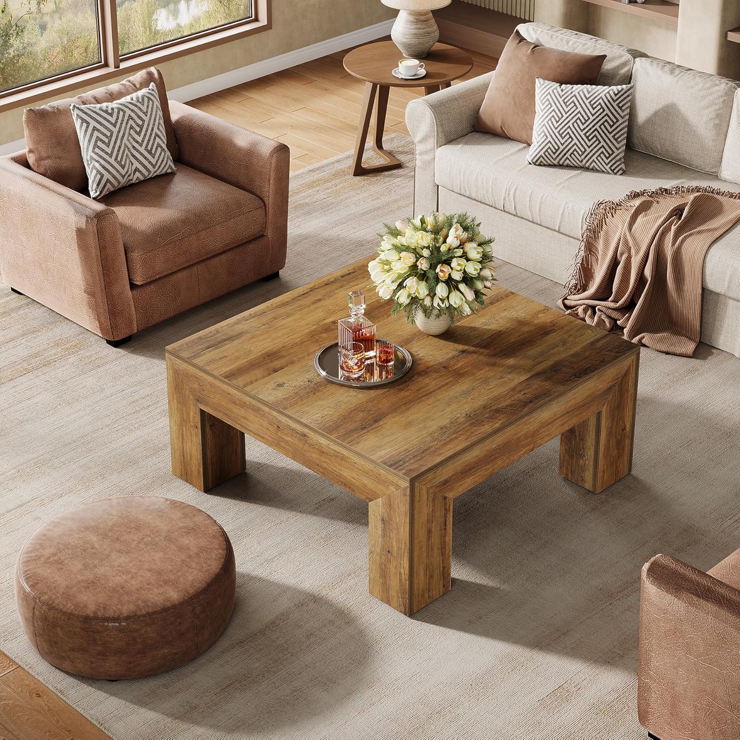 39" Square Rustic Farmhouse Coffee Table | MDF Top with Sturdy Wood Legs, Easy Assembly Cocktail Table in Brown