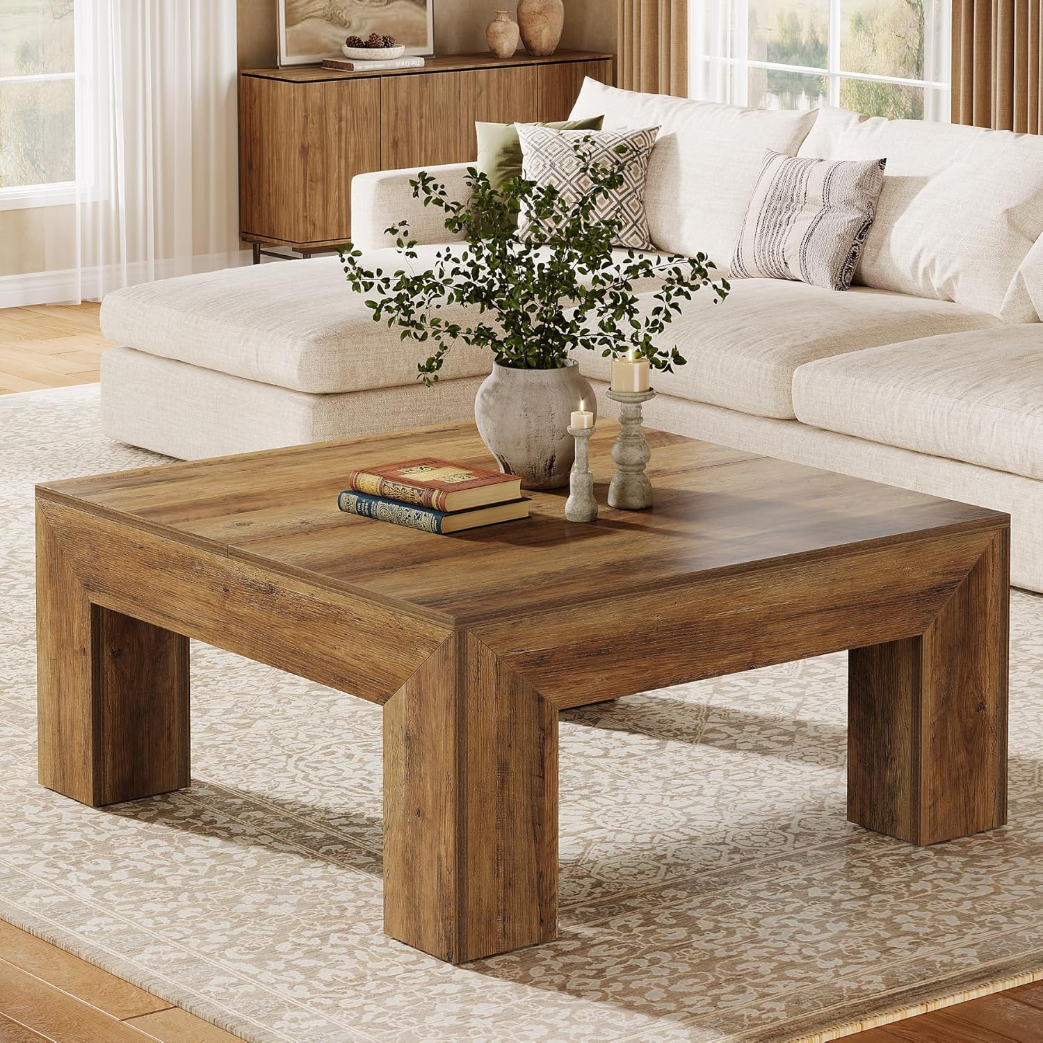 39" Square Rustic Farmhouse Coffee Table | MDF Top with Sturdy Wood Legs, Easy Assembly Cocktail Table in Brown