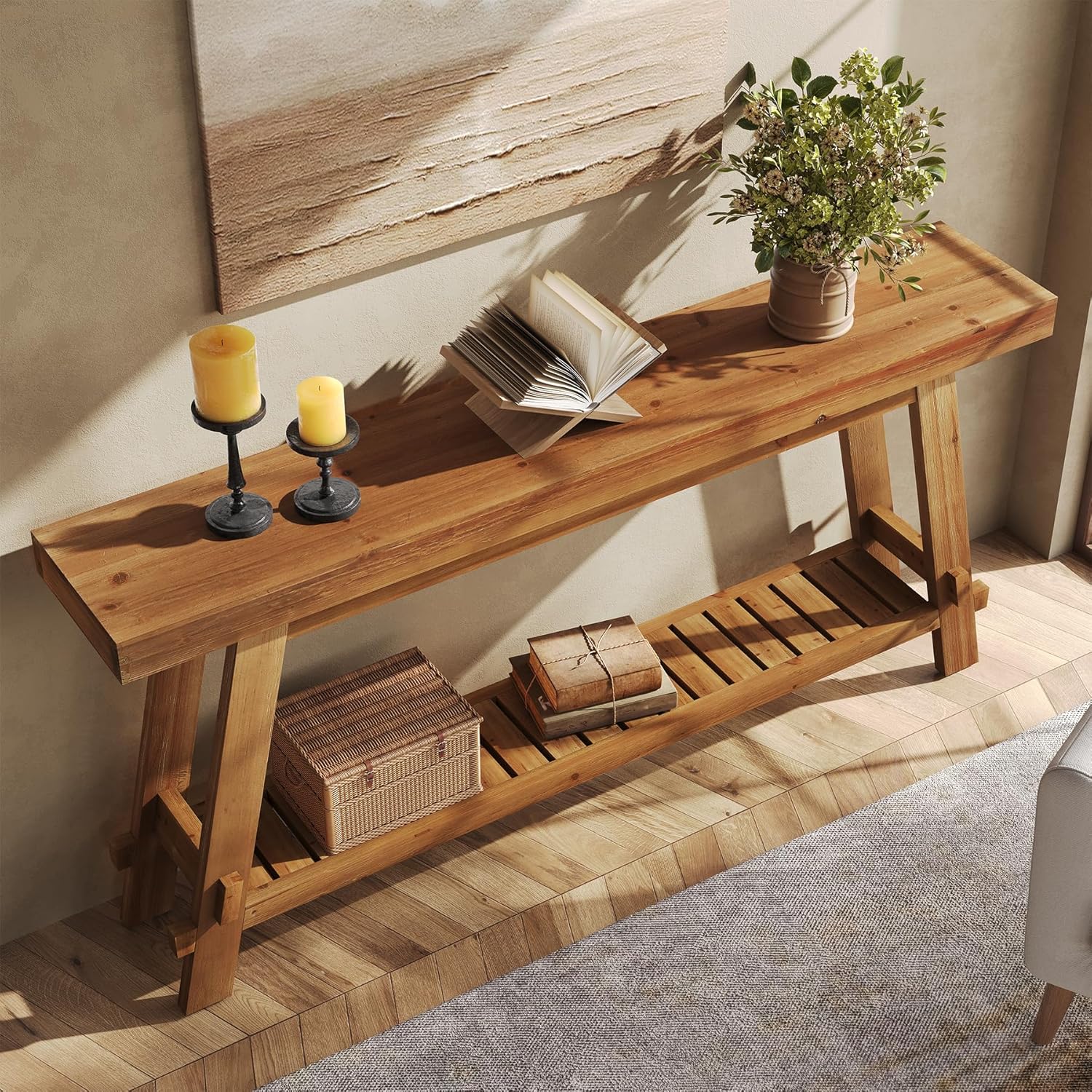 Solid Wood Console Table with Storage, Farmhouse 2-Tier Narrow Sofa Table for Living Room