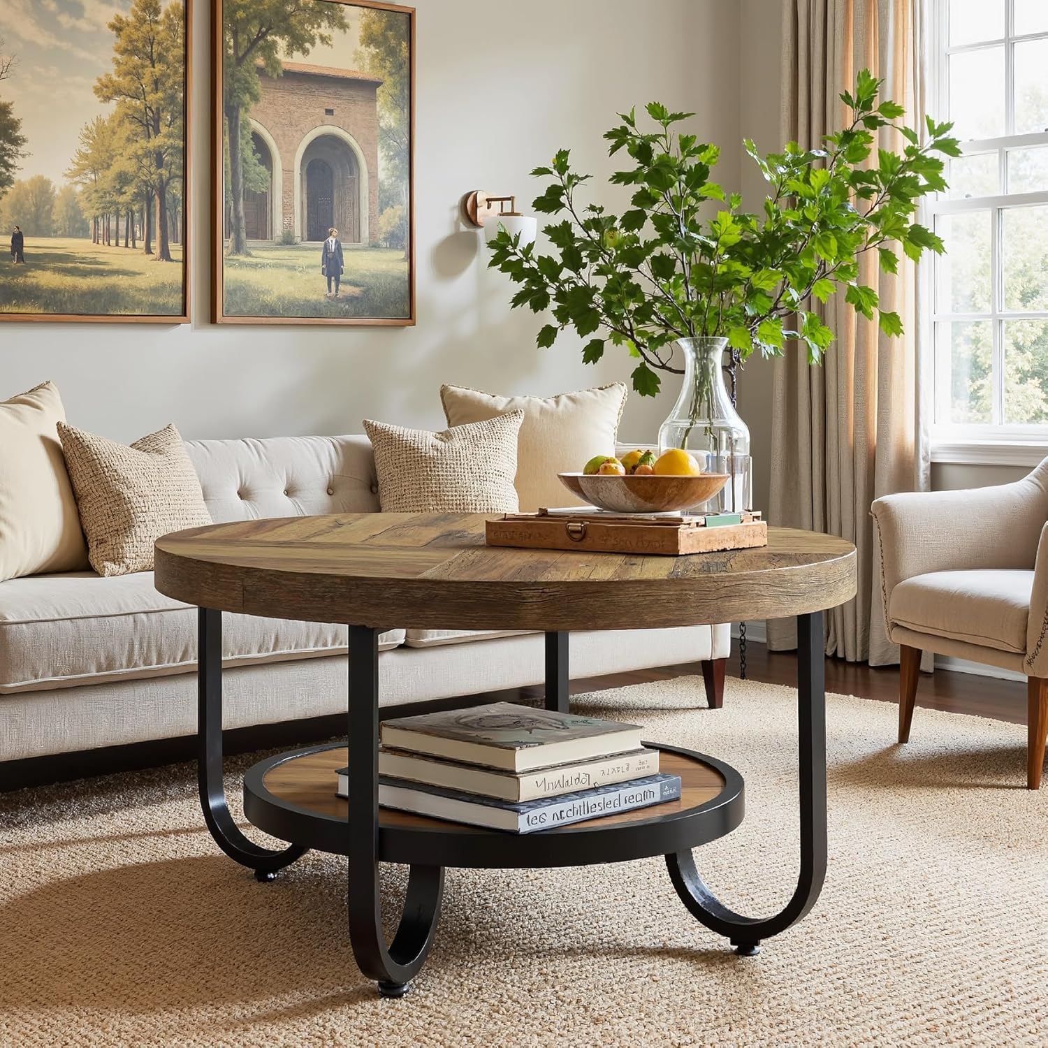 2-Tier Round Coffee Table with Storage, 31.1-Inch Center Cocktail Table
