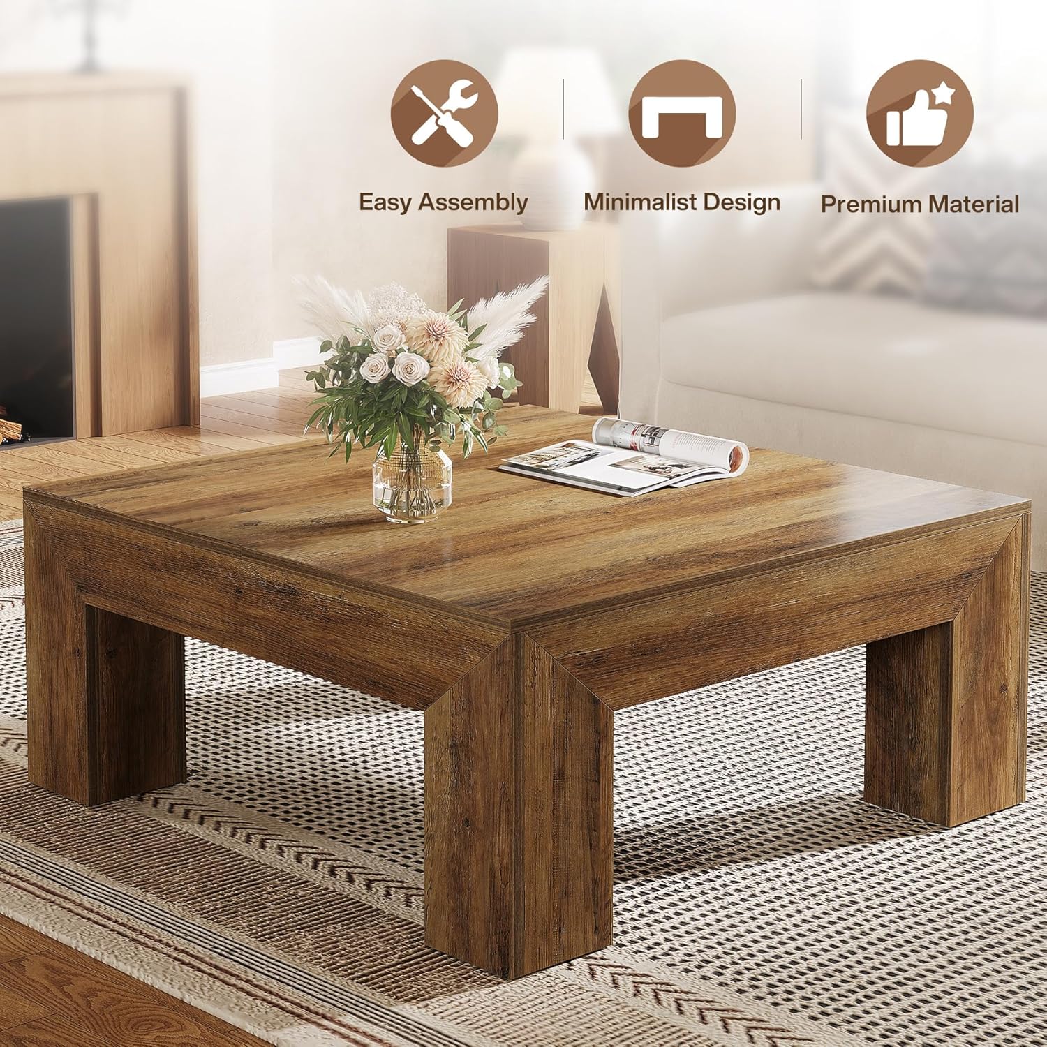 39" Square Rustic Farmhouse Coffee Table | MDF Top with Sturdy Wood Legs, Easy Assembly Cocktail Table in Brown