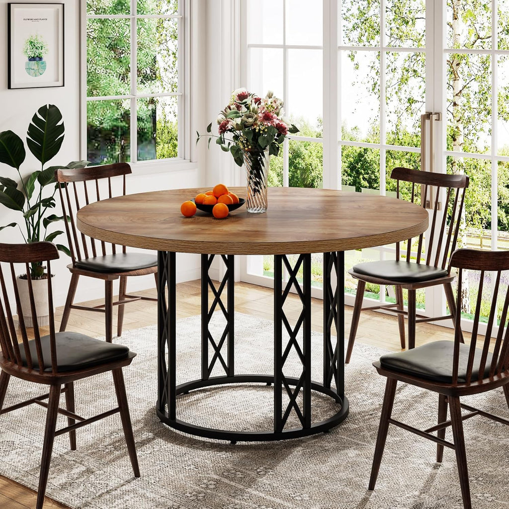47" Round Dining Table Rustic Wood Top & Metal Base 4 People