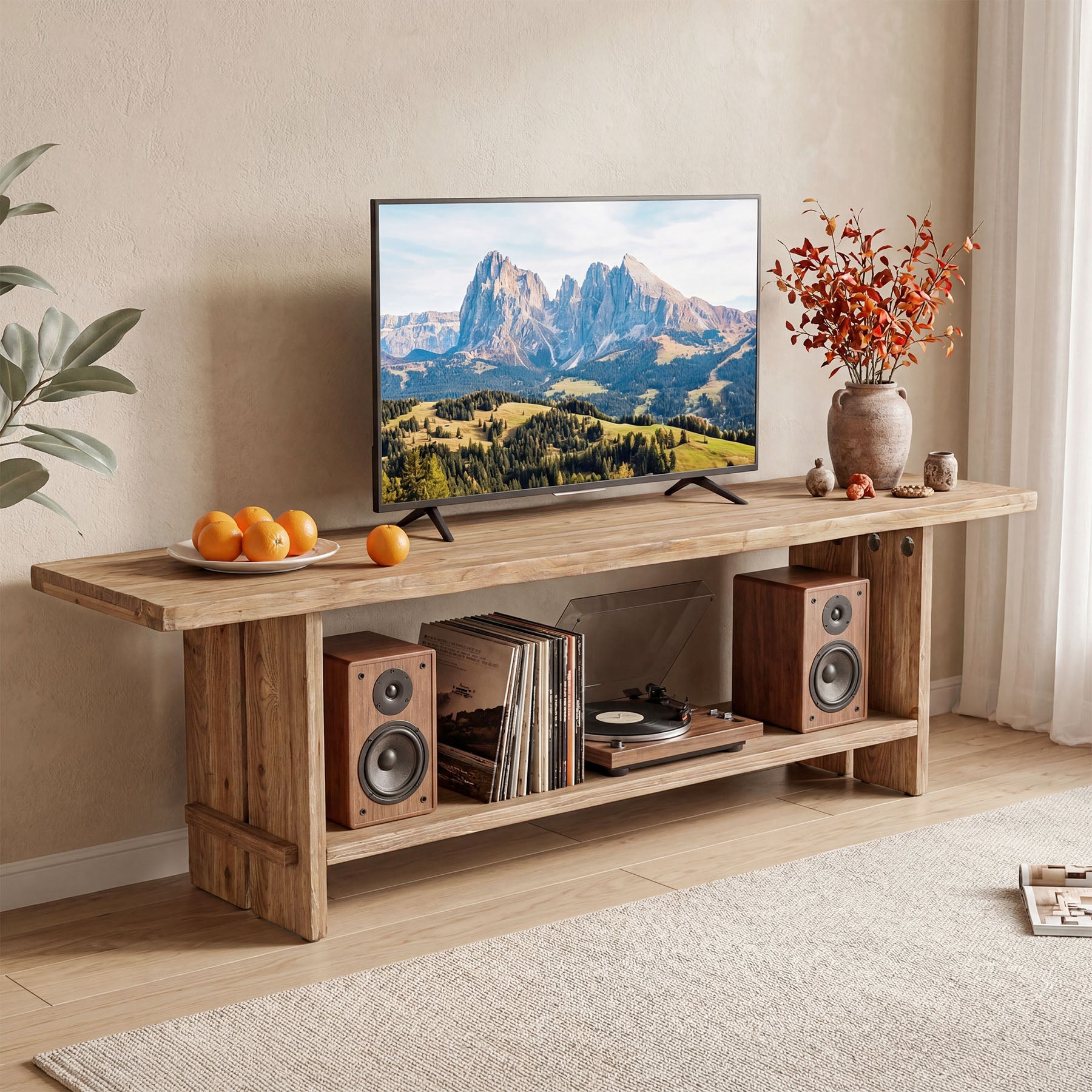 Tribesigns 71 Inch Solid Wood TV Stand with 2-Tier Storage, Media Console for 55 to 85 Inch TVs
