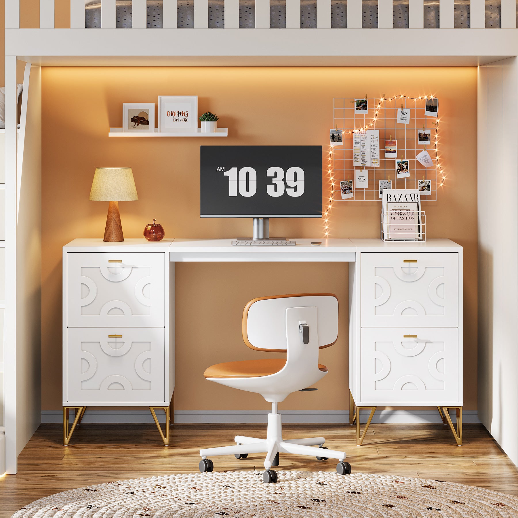 59-Inch Office Desk with Drawers, Modern White Computer Desk with Gold Legs for Home Workspace