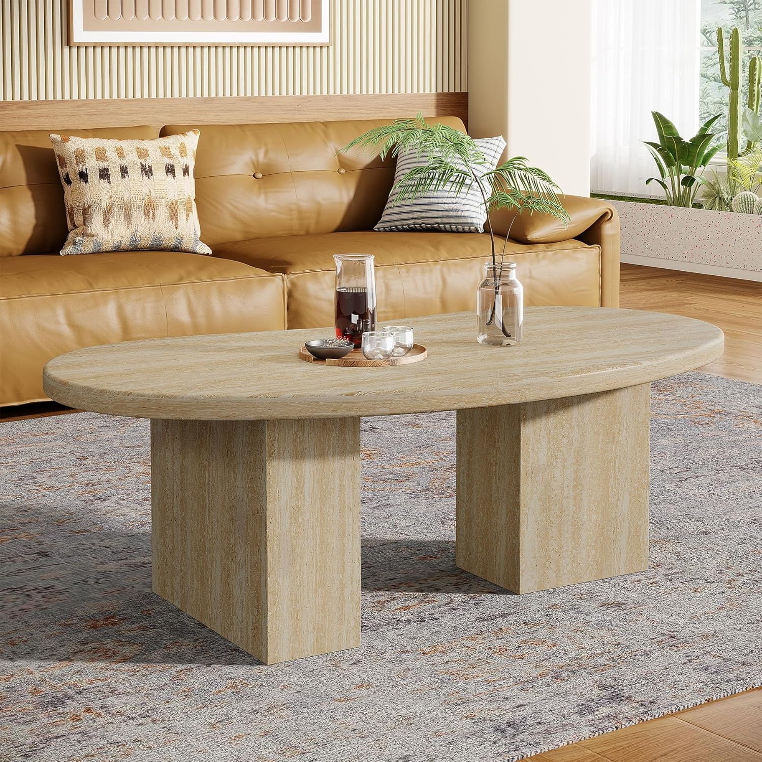 45.28" Oval Oak Coffee Table - Large Asymmetric Pedestal Cocktail Table in Engineered Wood for Living Room