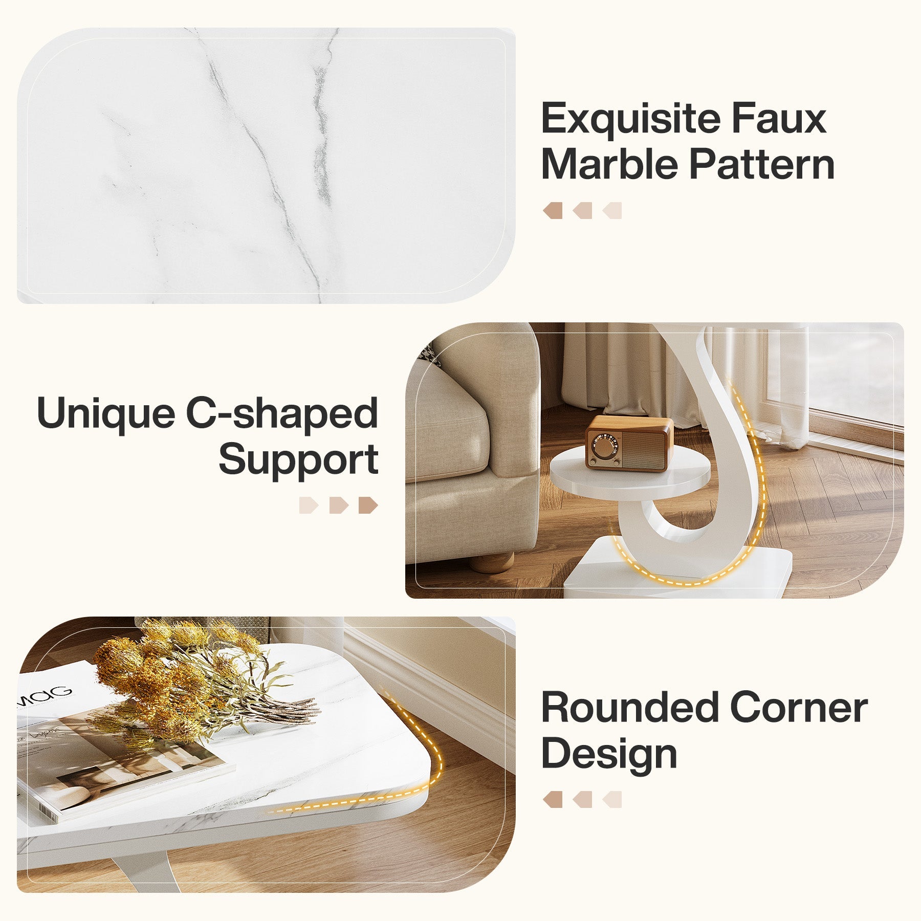 23.62“ C-Shaped End Table with 2-Tier Storage, Faux Marble Top White