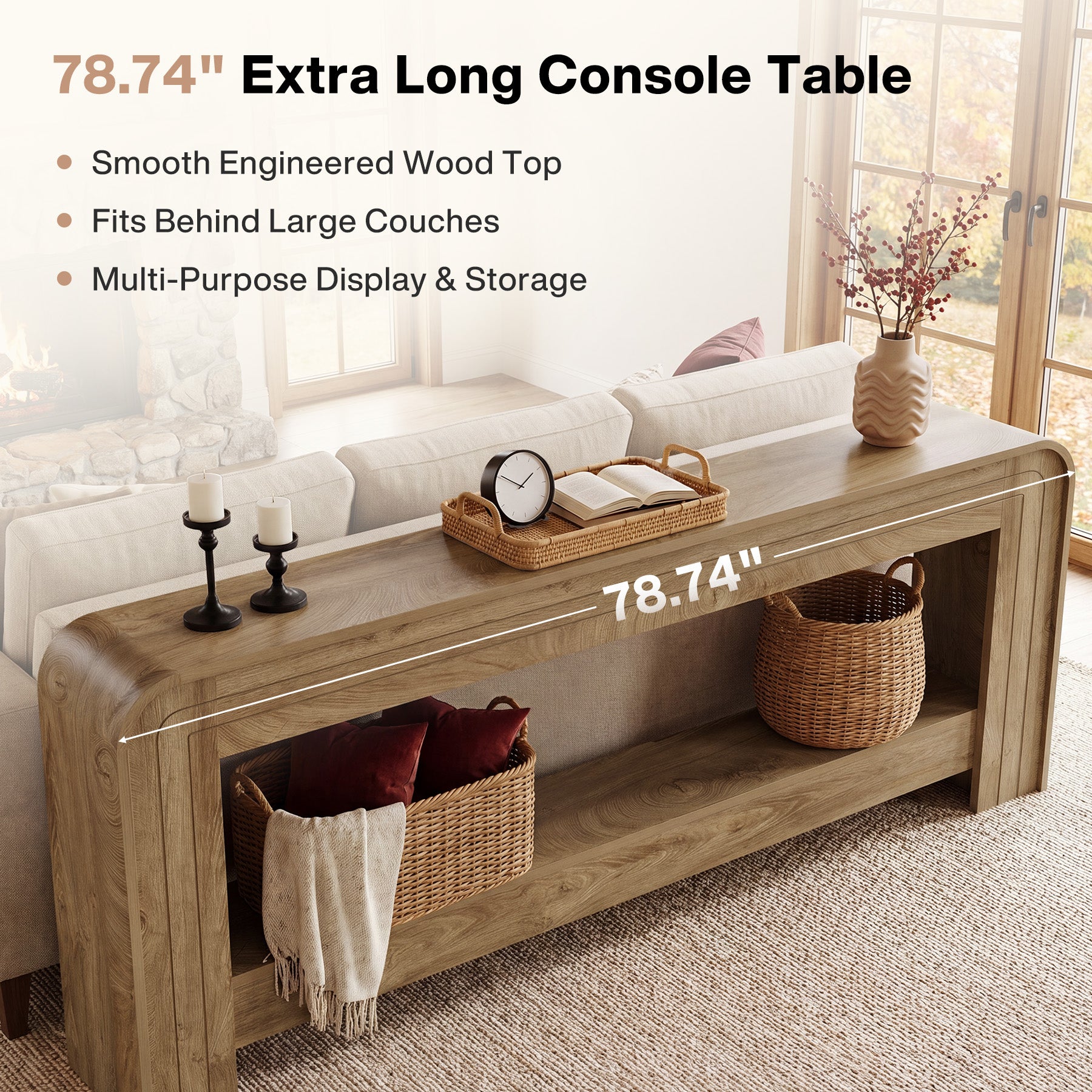 78.74 Inch Farmhouse Console Table with Open Storage Shelf and Curved Edges, Slim Entryway Sofa Table for Hallway