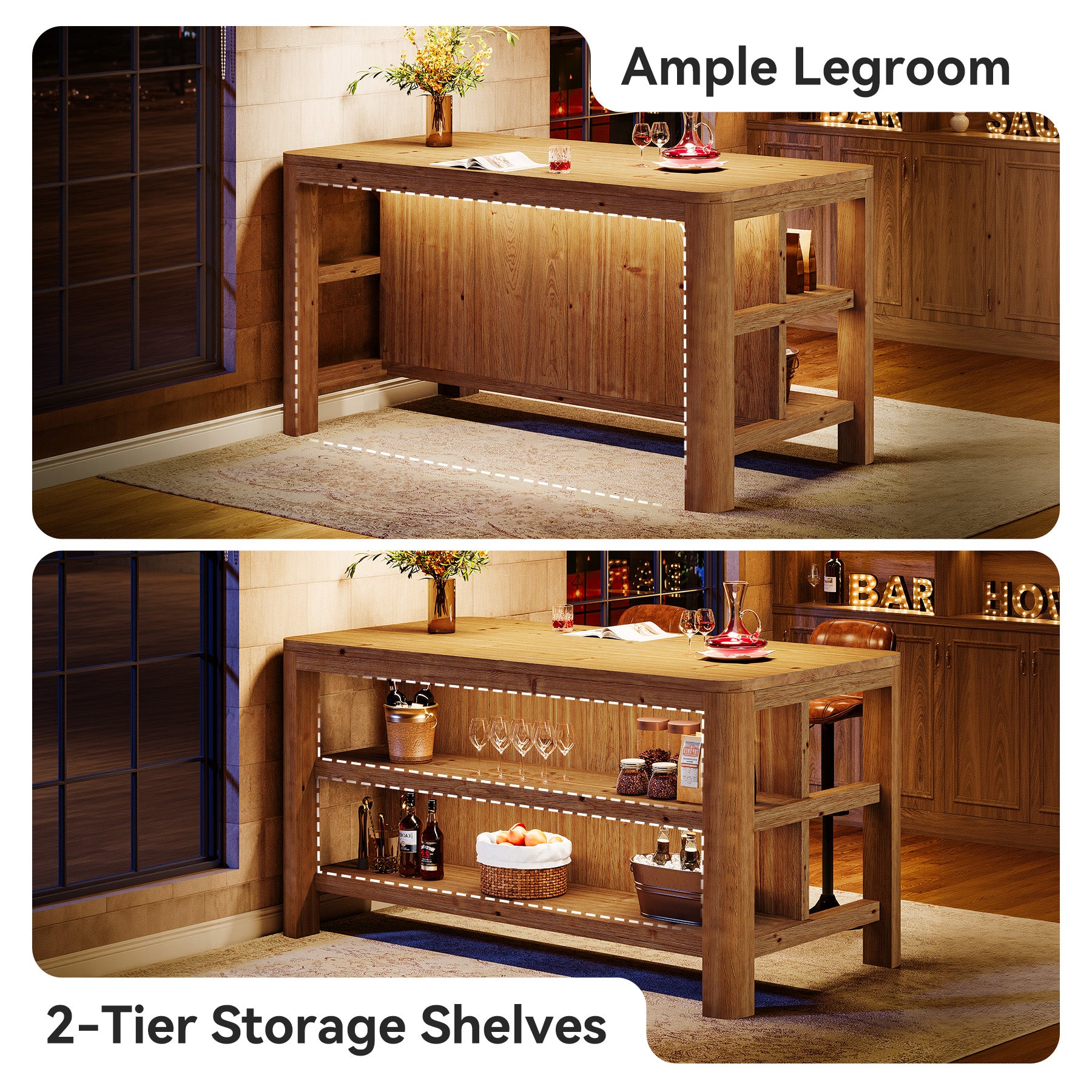 Tribesigns 63-Inch Rectangular Bar Table with Solid Wood Top and Storage Shelves, Counter Height Table for Home Bar