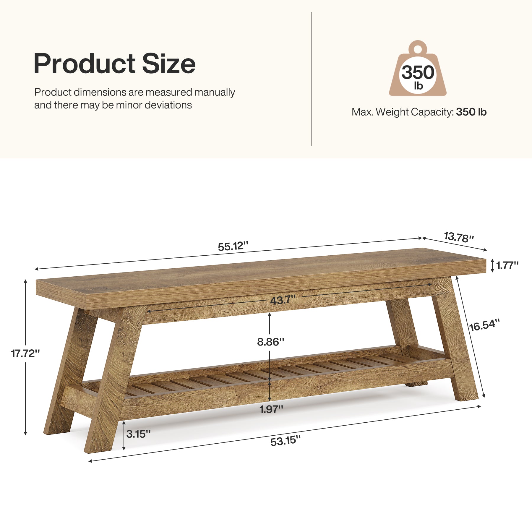 55-Inch Wood Entryway Bench with Shoe Storage, Two-Tier Narrow Hallway Seating Bench for Foyer and Bedroom