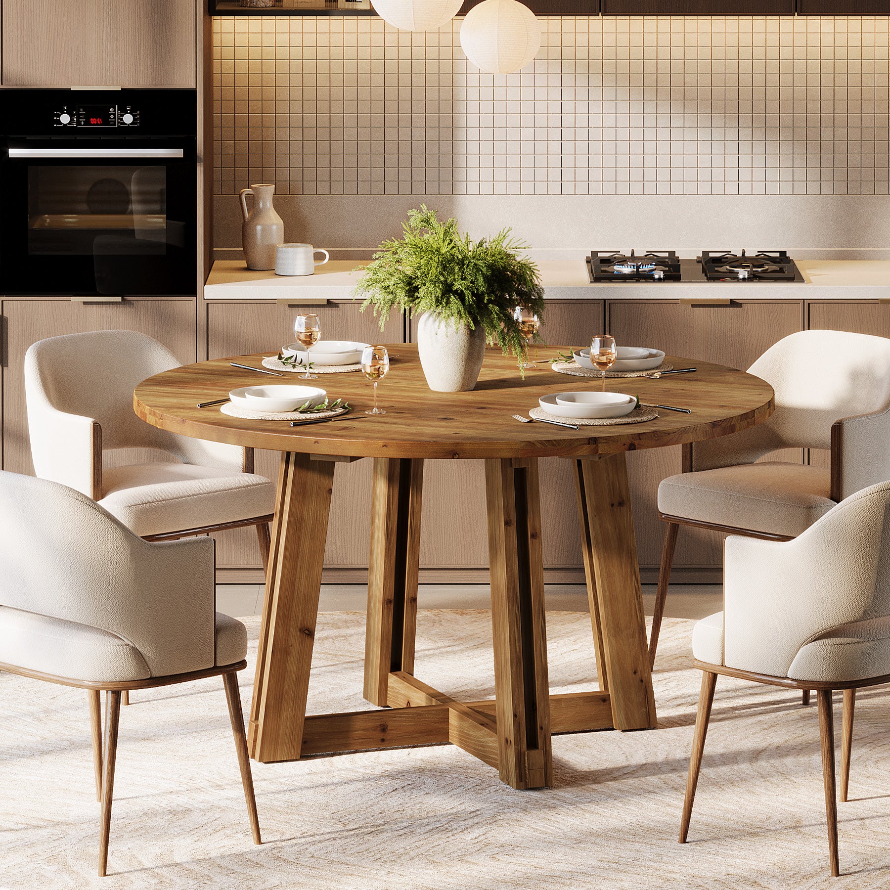 Tribesigns 47.3-Inch Solid Wood Round Dining Table for 4-6 People, Farmhouse Kitchen Table with Cross-Shaped Base for Dining Room
