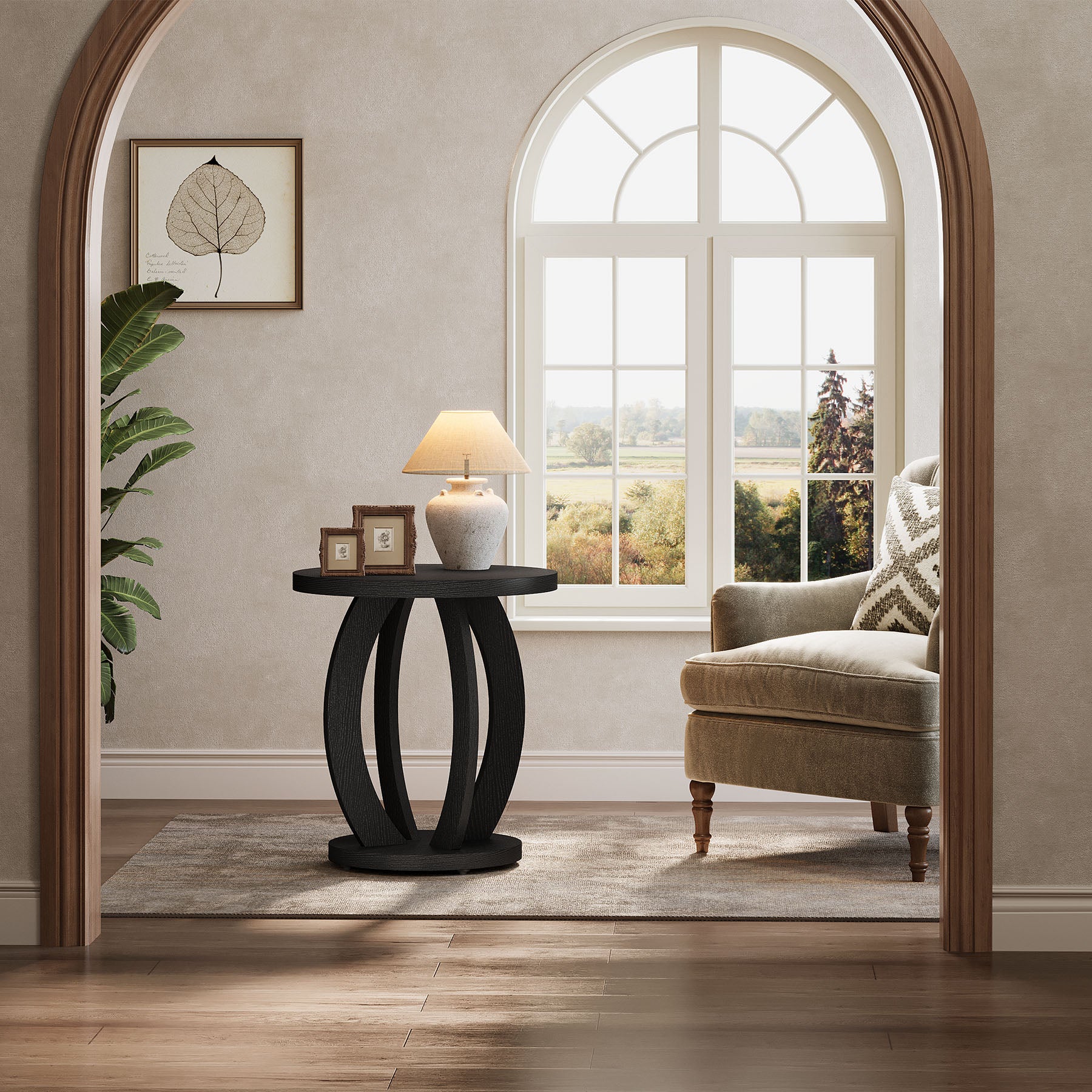 24" Round Farmhouse Nightstand - Bedside Table with Storage, Wood Base, Brown