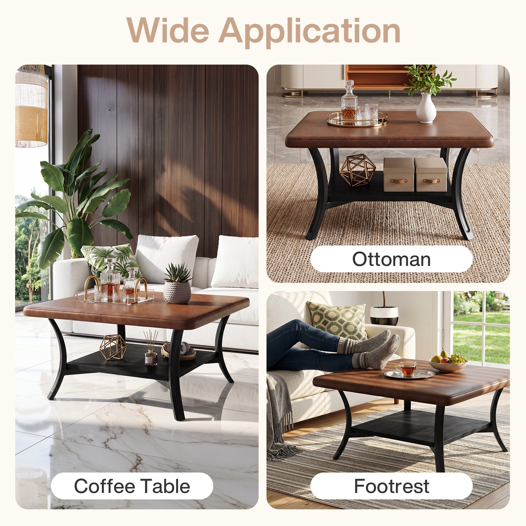31.5-Inch Square Coffee Table, Upholstered Ottoman with PU Leather Top for Living Room
