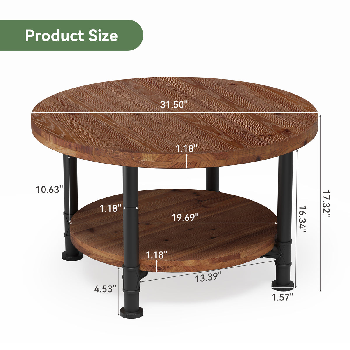 Tribesigns 31.5" Solid Wood Round Coffee Table with Storage Shelf, Industrial Table for Living Room