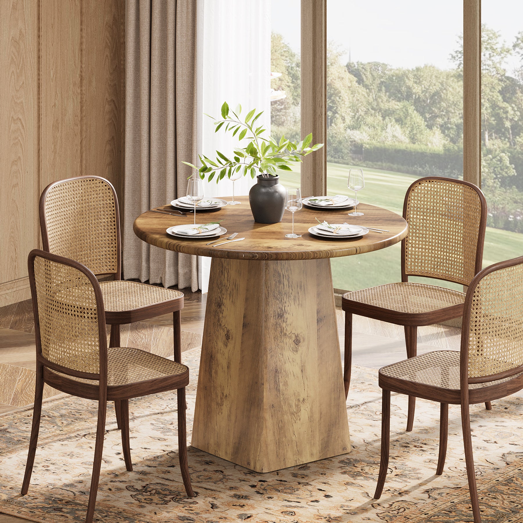 31.5" Dining Table for 4 - Round Farmhouse Kitchen Table with Square Base in Rustic Brown