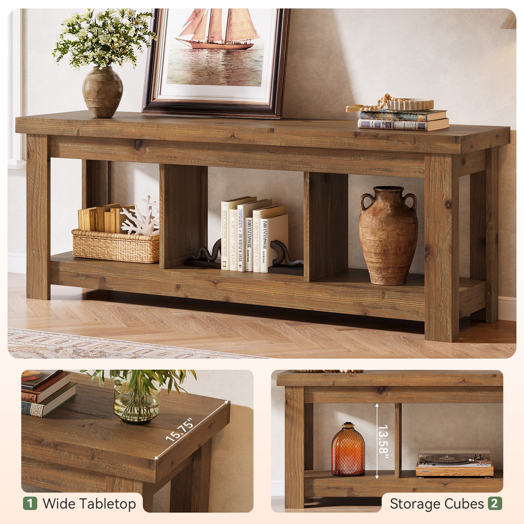 Tribesigns 63-Inch Solid Wood TV Stand with 3 Open Storage Shelves, Farmhouse Entertainment Center for TVs up to 75 Inches