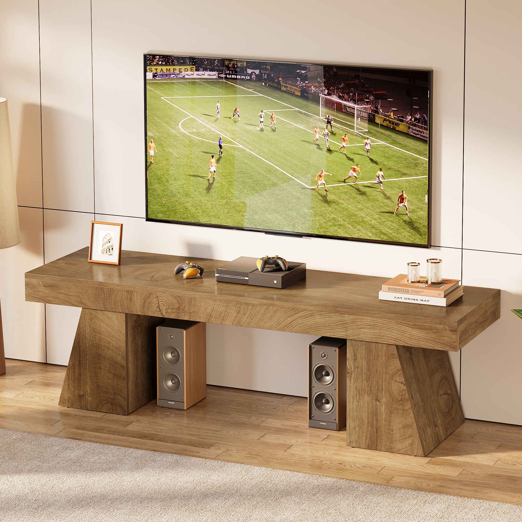 Tribesigns 63-Inch Farmhouse TV Stand for 55-75 Inch TVs with Double Geometric Pedestal, Media Console for Living Room and Bedroom