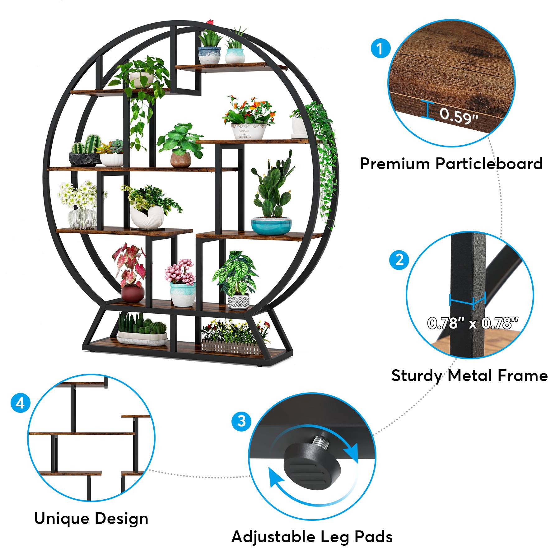 Plant Stand, 63" Round Flower Pot Plant Rack with 8 Shelves Tribesigns