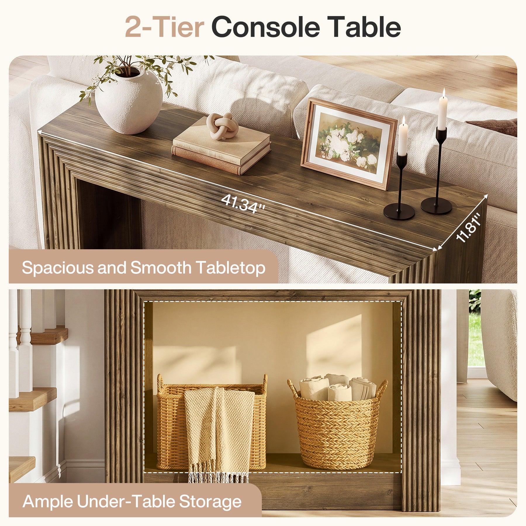 41-Inch Farmhouse Console Table, Narrow Sofa Table with 2-Tier Storage