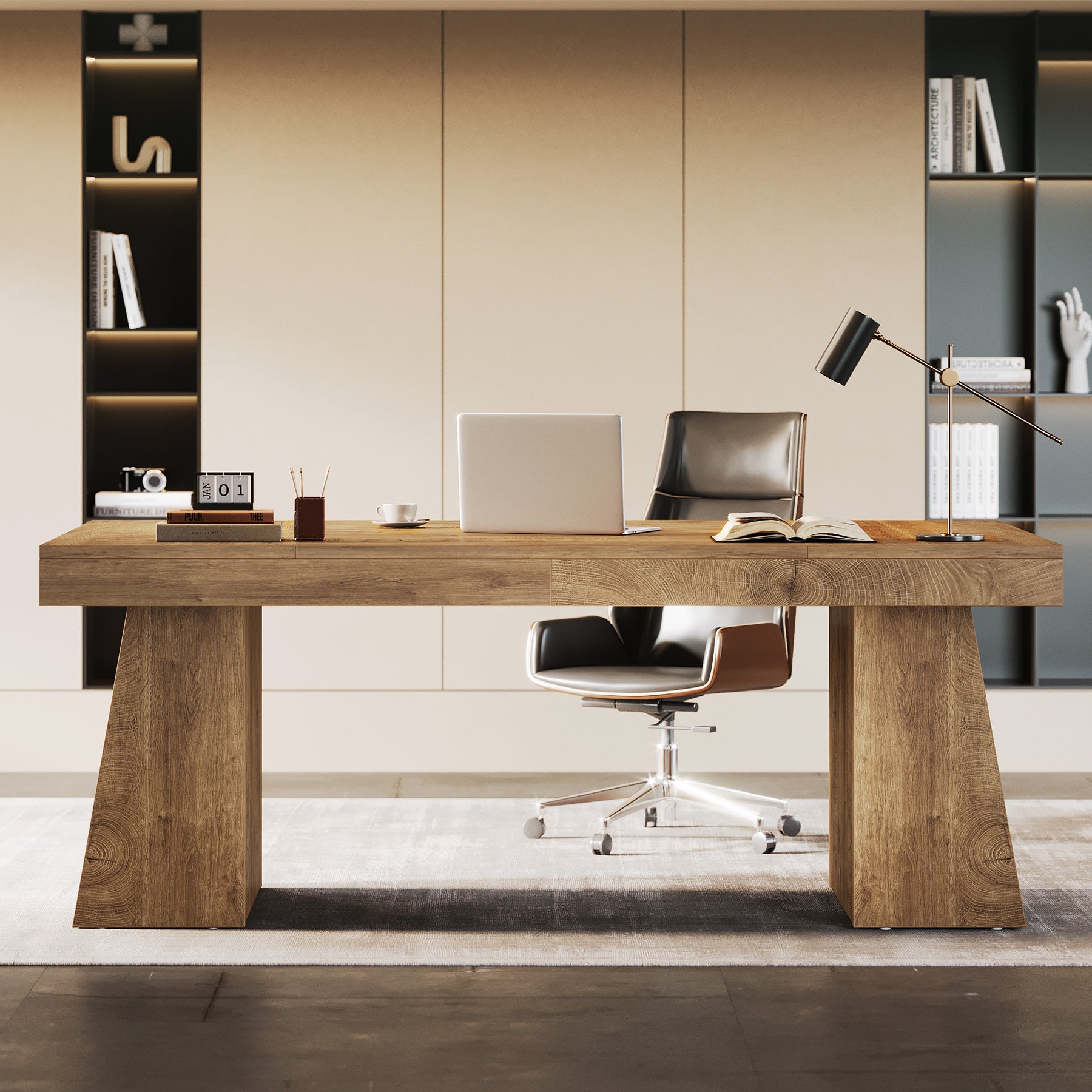 55-Inch Executive Desk, Large Wood Office Computer Desk with Double Pedestal