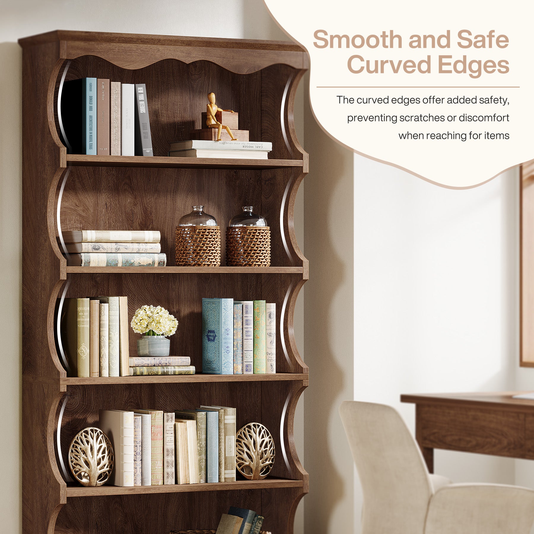 70 Inch Tall Bookcase, 5 Tier Curved Edge Bookshelf with Open Storage for Living Room and Home Office