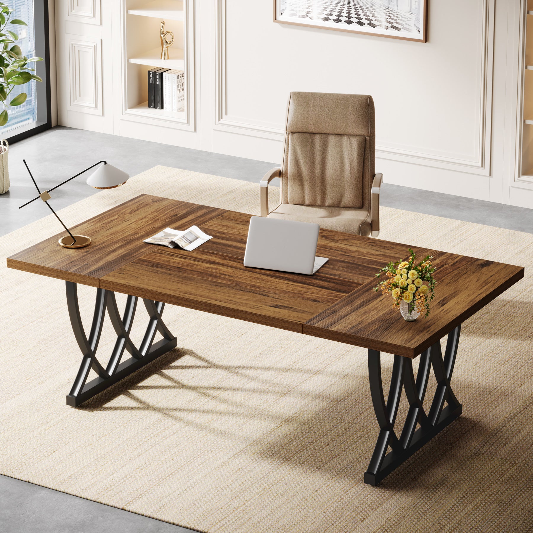 Tribesigns 70.86-Inch Executive Desk, Large Home Office Computer Desk with Trestle Metal Frame for Study and Writing