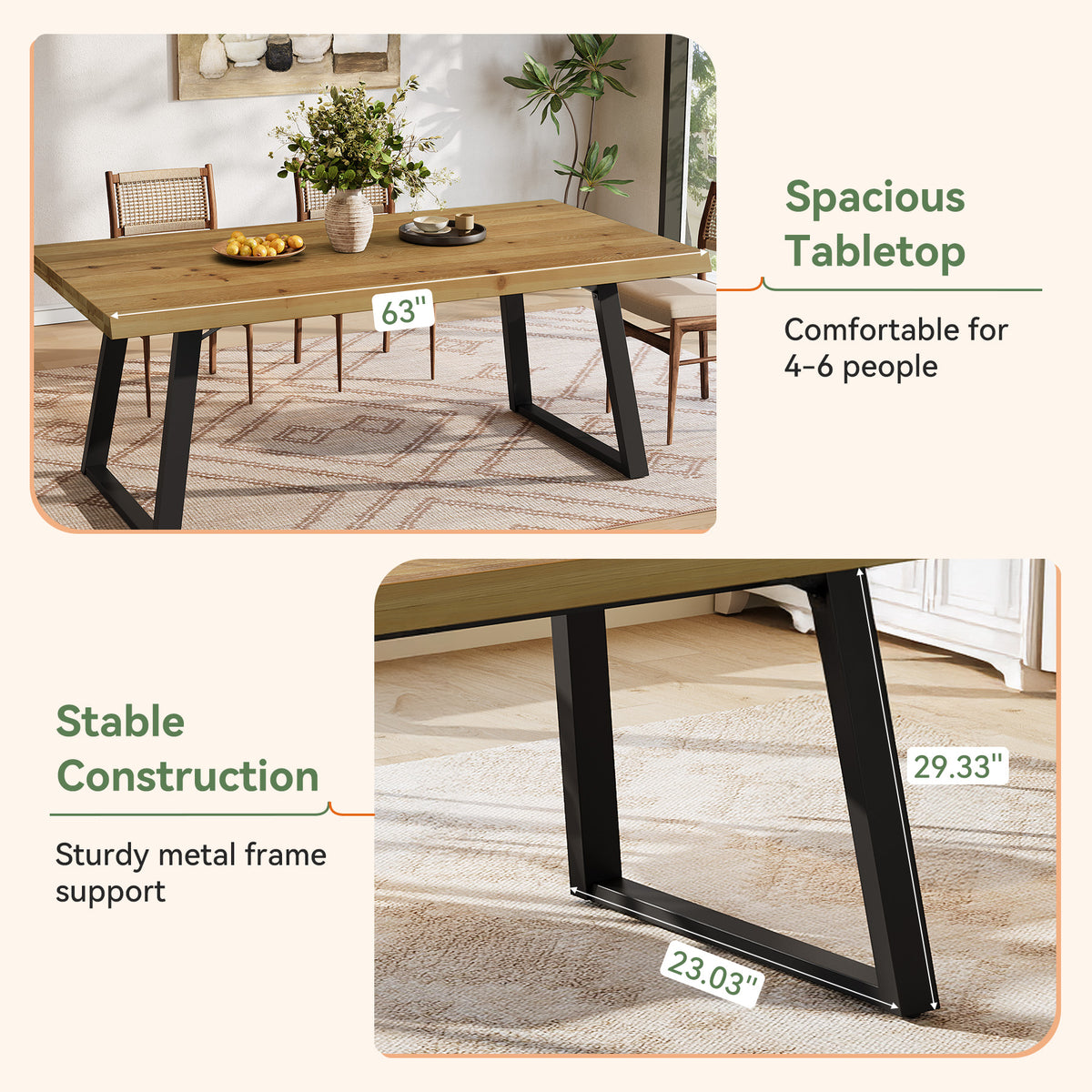 Tribesigns 63-Inch Solid Wood Dining Table with Black Metal Legs, Farmhouse Kitchen Table for 4-6