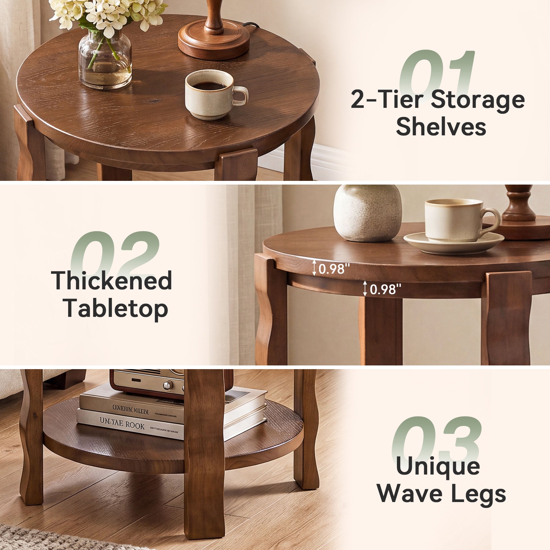Tribesigns 19.69-Inch Round Side Table with 2-Tier Storage, Solid Wood End Table for Living Room