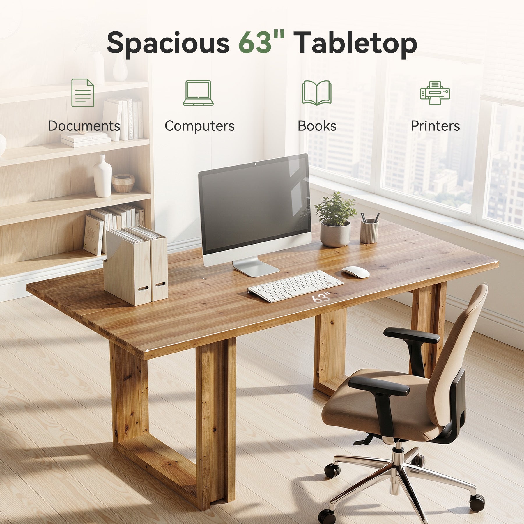 Tribesigns 63-Inch Solid Wood Office Desk, Farmhouse Computer Desk for Home Office and Study