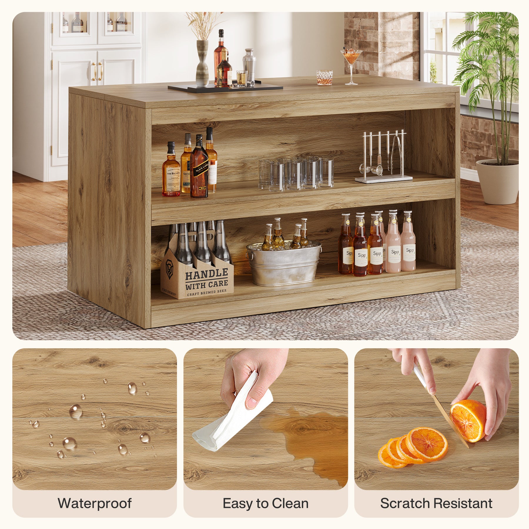 59 Inch Home Bar Table with 2-Tier Shelves, Farmhouse Pub Table for Kitchen and Bistro