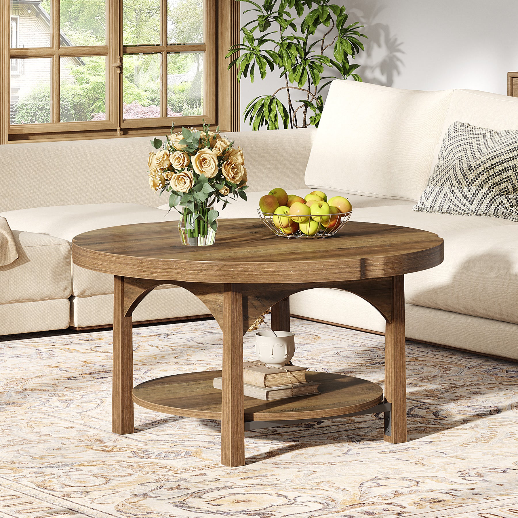 31.5" Round Coffee Table with 2 Tier Storage, Farmhouse Wooden Accent Center Table