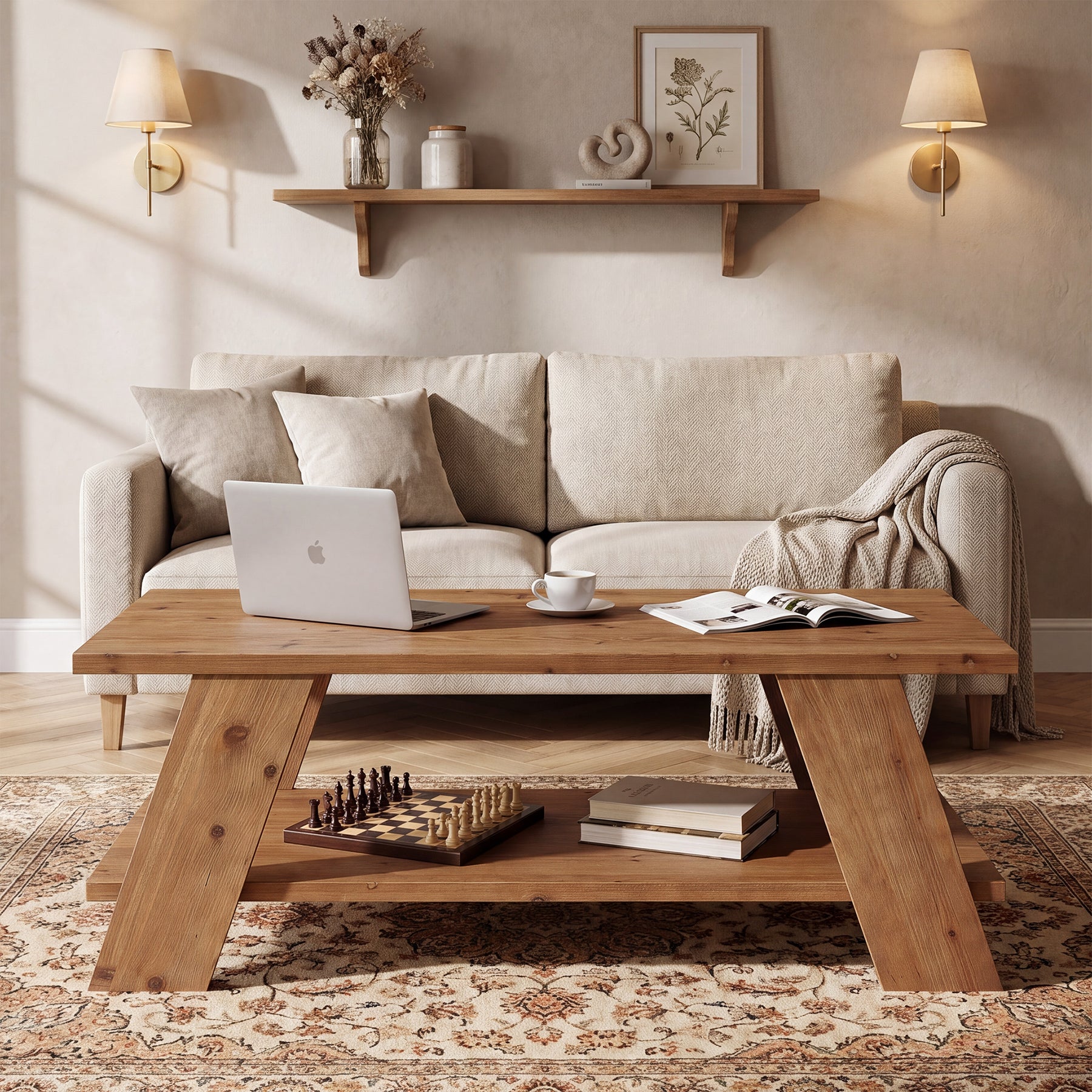 47-Inch Solid Wood Coffee Table with 2-Tier Storage, Farmhouse Rectangle Centre Table for Living Room