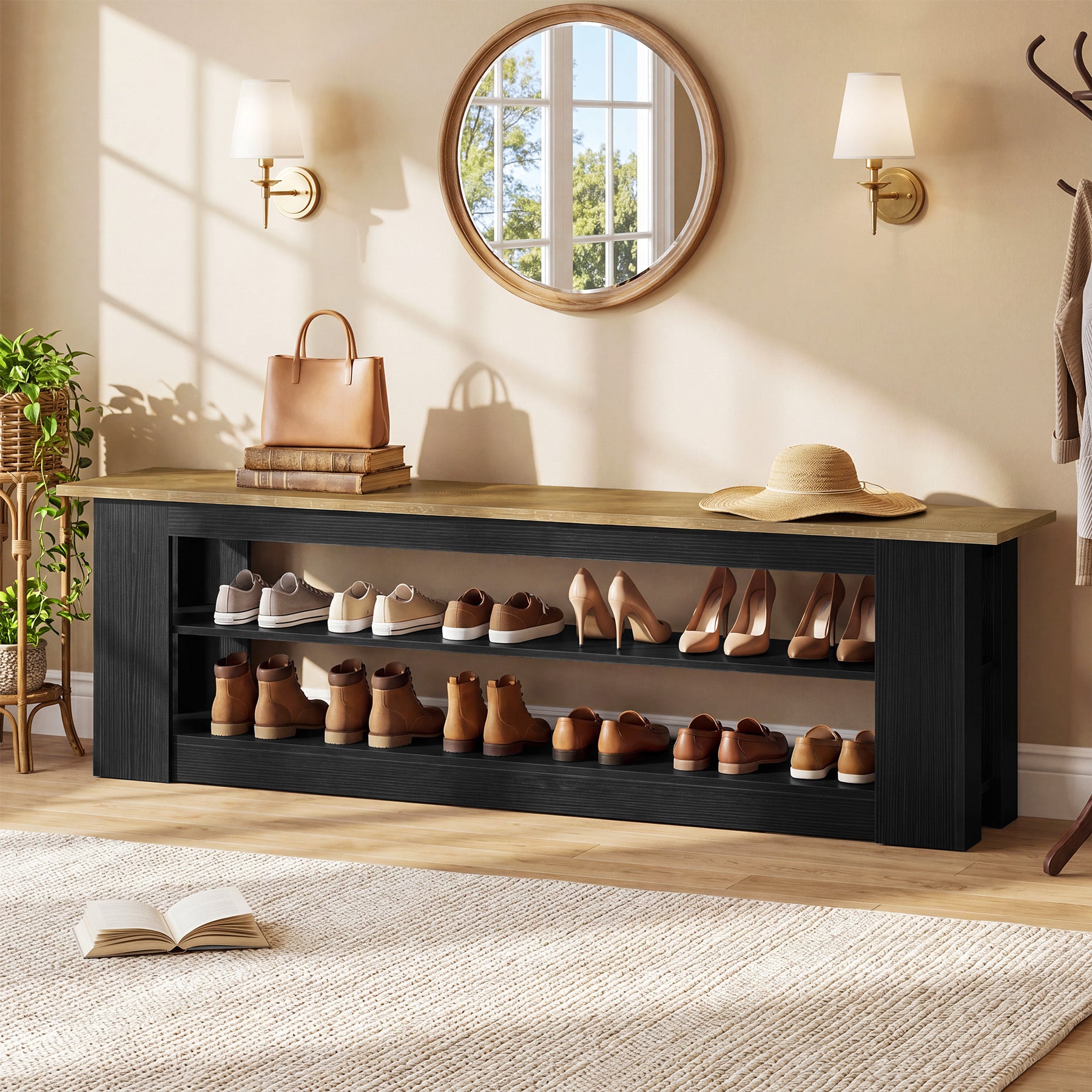 71-Inch Extra Long Shoe Storage Bench with 3-Tier Shelving, Farmhouse Entryway Seating